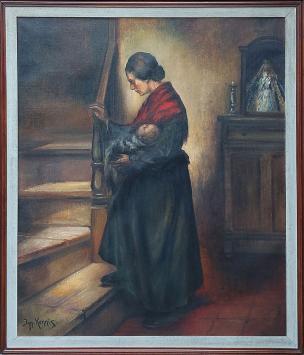 Painting “Romantisch tafereel, moeder met baby op de trap” by Ignace Kennis showing woman with child on staircase.