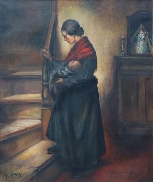 Tableau “Romantisch tafereel, moeder met baby op de trap” d’Ignace Kennis avec mère, enfant et escalier intérieur.