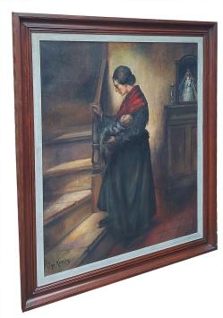 Romantisch tafereel, moeder met baby op de trap – Oil on canvas – Ignace Kennis