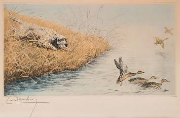 Léon Danchin met een ets van een Engelse Setter