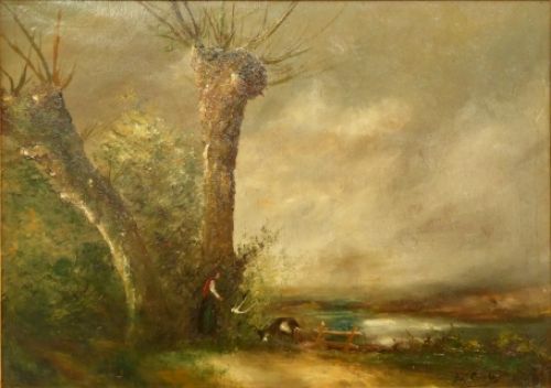 Knotwilgen in landschap met dame en geitje