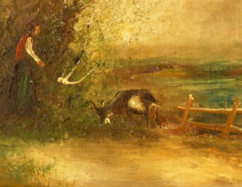 Knotwilgen in landschap met dame en geitje