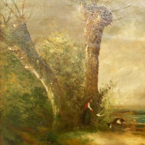 Knotwilgen in landschap met dame en geitje