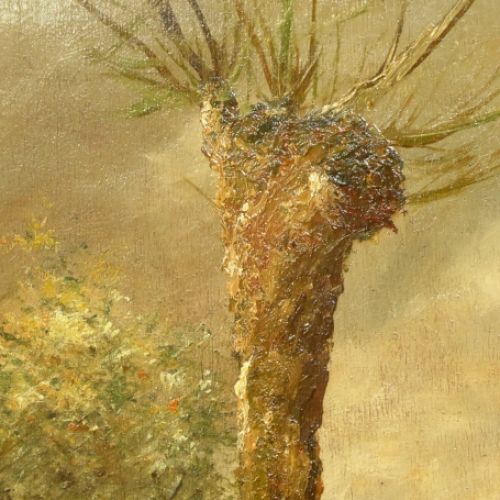 Knotwilgen in landschap met dame en geitje