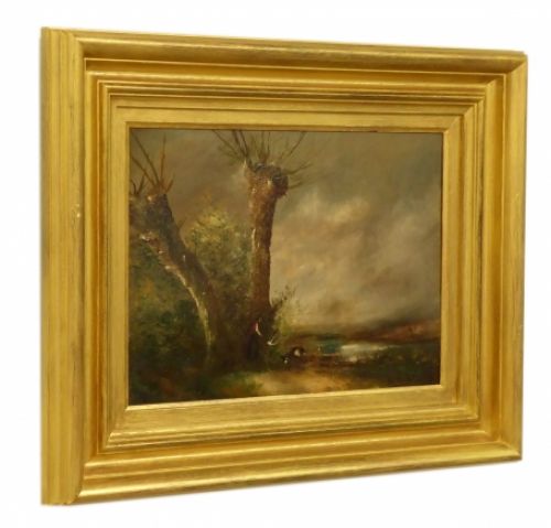 Knotwilgen in landschap met dame en geitje