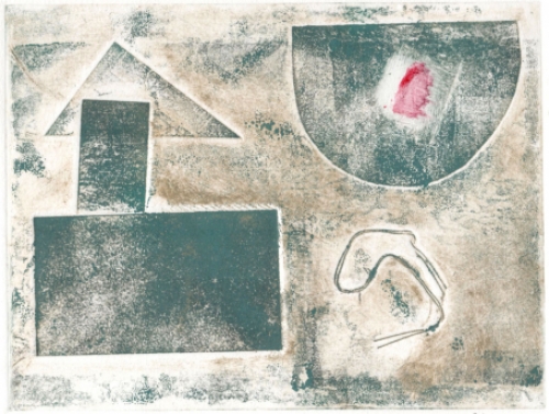 Gustaaf Prils  met een grafisch werk, gemengde techniek