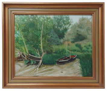 Schilderij “De sloep aan de begroeide waterkant” van Rudi De Vos met sloep en groene oever.