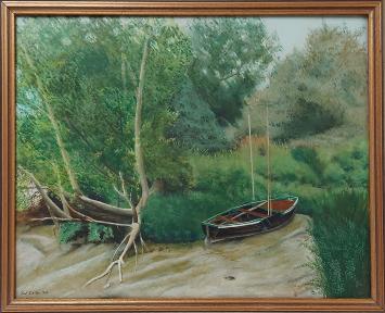 Painting “De sloep aan de begroeide waterkant” by Rudi De Vos with boat and lush riverbank.
