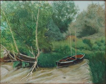 Tableau “De sloep aan de begroeide waterkant” de Rudi De Vos avec barque et rive verdoyante.