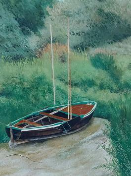 De sloep aan de begroeide waterkant 1989 – Oil on board – Rudi De Vos