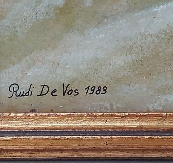 De sloep aan de begroeide waterkant 1989 – Oil on board – Rudi De Vos