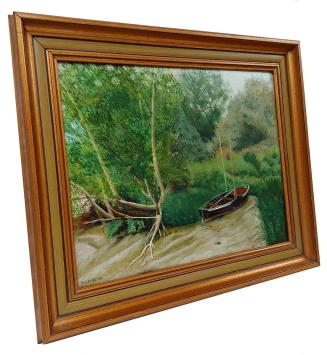 De sloep aan de begroeide waterkant 1989 – Oil on board – Rudi De Vos