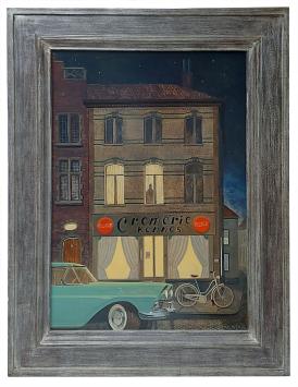 Nachtschilderij van Rudi De Vos met gevel van Cremerie Kennes in Boom, retrowagen, fiets en figuur voor raam.