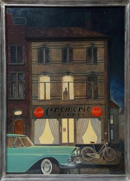 Scène de nuit peinte par Rudi De Vos avec façade éclairée de la Cremerie Kennes à Boom, voiture ancienne et vélo.