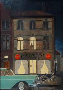 Night scene by Rudi De Vos showing Cremerie Kennes in Boom with retro car, bicycle, and glowing windows.