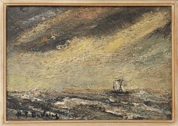 Kunstwerkje van Hubert De Vries, boot op zee