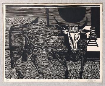 Belgische graficus Maurits Degraeve met een houtsnede