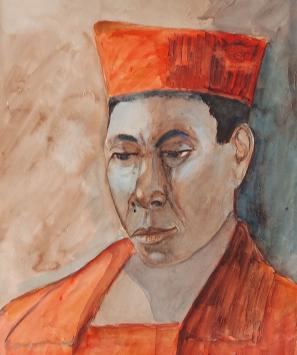 Belgische kunstenaar Delfosse met een aquarel