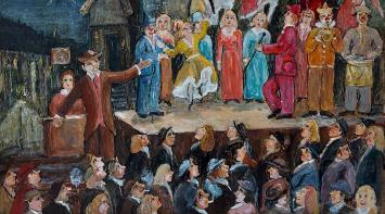 Belgische kunstenaar Delfosse met een schilderij
