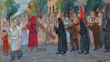 Belgische kunstenaar Delfosse met een kunstwerk op papier