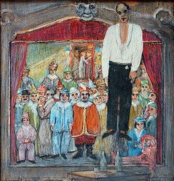 naïef kunstwerk op bord geschilderd