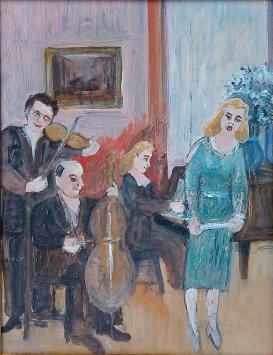 Belgische kunstenaar Delfosse met een schilderij op paneel geschilderd