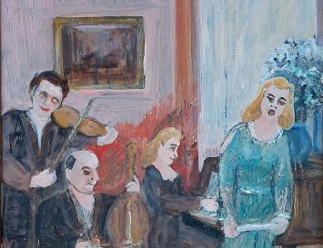 kamerorkest, naïef kunstwerk op bord geschilderd