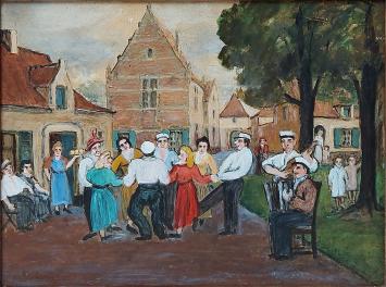 Belgische kunstenaar Delfosse met een schilderij op paneel