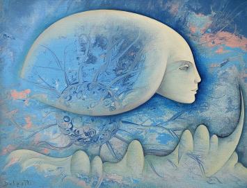 Charles Delporte met een surrealistisch kunstwerk op canvas