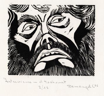 Chris Demangel met een grafisch kunstwerk uit 1976