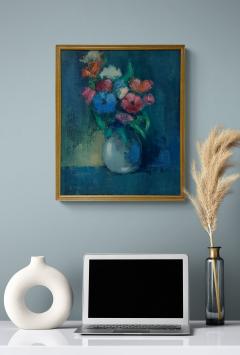 Stilleven, bloemen in een grijze vaas