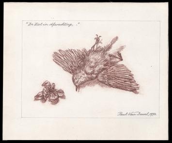 de Belgische kunstenaar Paul Van Dessel met een tekening