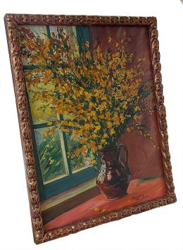 Gele bloemen in geëmailleerde vaas aan het raam 1921 - Laethem