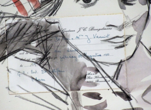 Tekenaar Jan Vanriet met een werk uit 1987