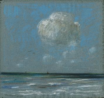 Belgische tekenaar Dirk Baksteen met een pasteltekening