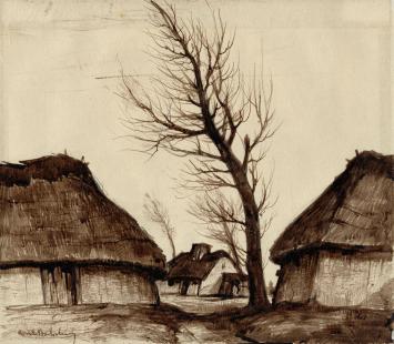 Belgische kunstenaar Dirk Baksteen met een tekening uit 1947