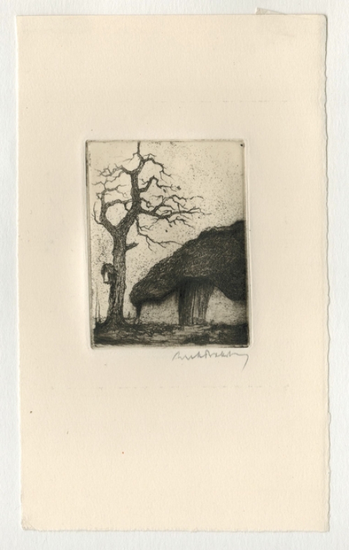 Dirk Baksteen met een kleine ets van een boerderij