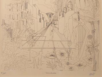 Dirk Driehuizen met een groot grafisch kunstwerk in een kader