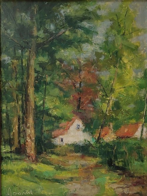 Victor Dooms met een schilderij op paneel geschilderd