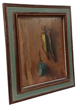 Stilleven, Haringen en blauwe steelpan aan de muur