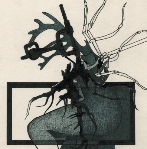 Eugène Eechaut met een tekening gemengde techniek