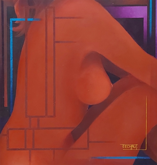 Eugène Eechaut met een olieverfschilderij