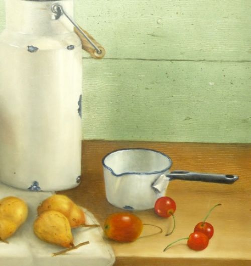 Schilderij fruit en emaille van Emile Geudens Artist belge