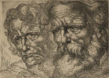 Edm. Van Dooren met een ets, karakterkoppen