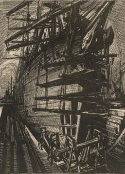 Edm. Van Dooren met een litho, droogdok