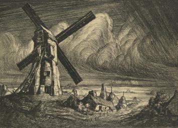 Edm. Van Dooren met een grafisch kunstwerkje, Molen