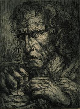 Edm. Van Dooren met een ets, de oude vrek