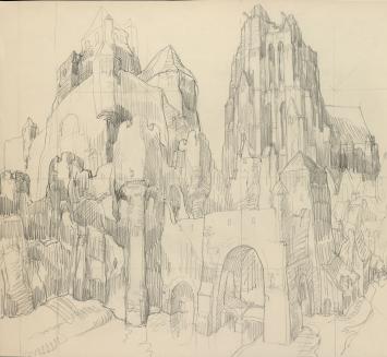 Stadsaanzicht getekend door Van Dooren Edmond