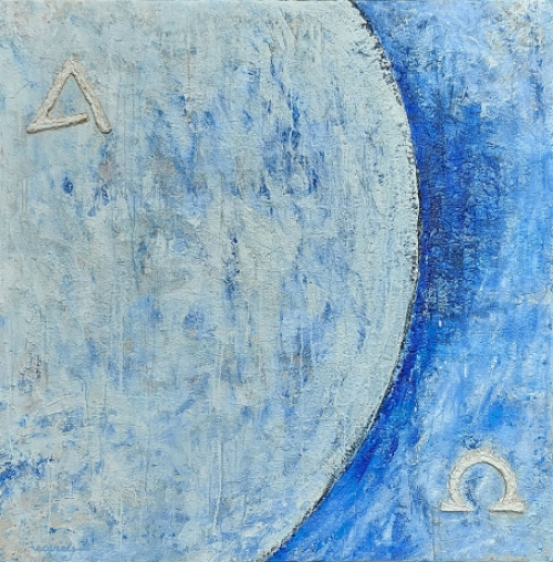 De Belgische schilder Eddy Carels met een groot schilderij