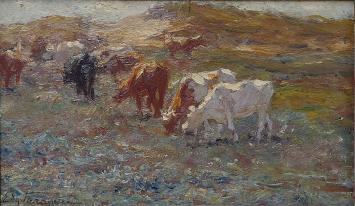 Kunstenaar  Edgard Farasyn met een kunstwerk met koeien